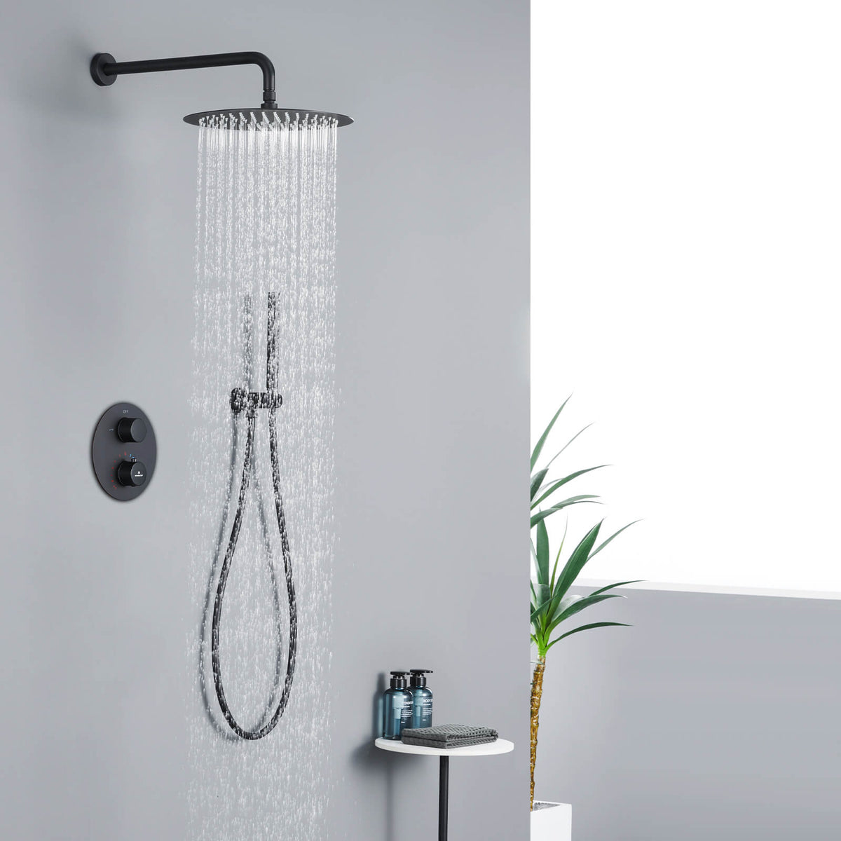 Homelody black shower system with LED temperature display. Adjustable