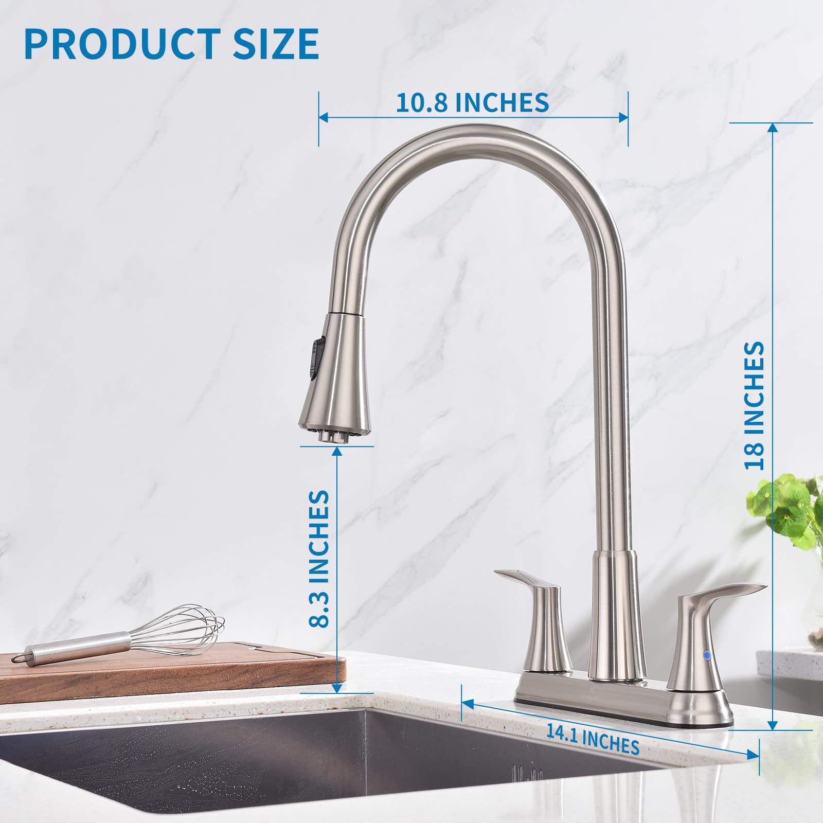 HOMELODY 2 Handles Kitchen Faucet with Pull Down Sprayer for 3 Hole Sink, 8 inch 360° Rotating Spout Centerset Kitchen Sink Faucet with Water Lines Brushed Nickel