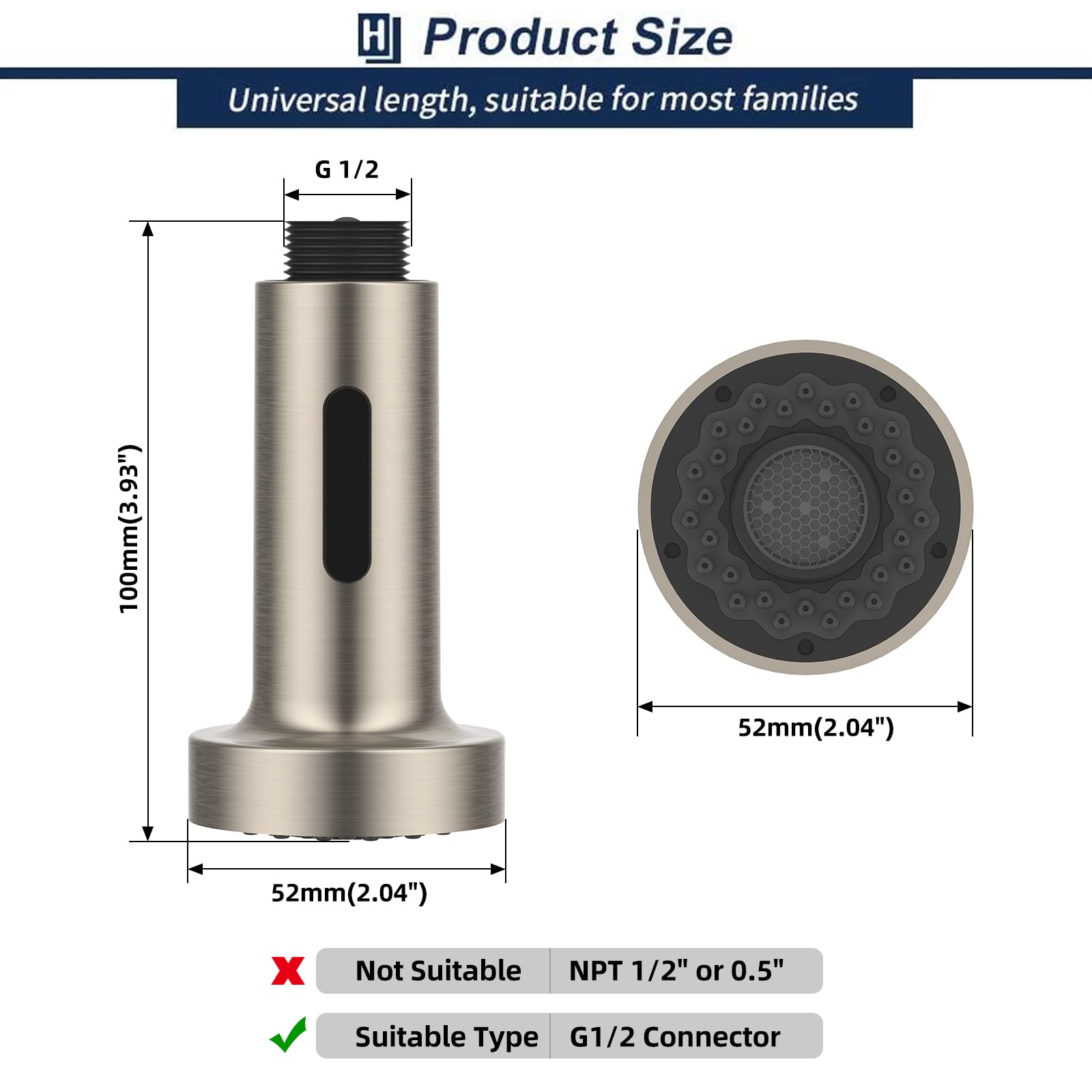 HOMELODY Pull Down Faucet Replacement Head, 2 Functions Kitchen Faucet Sprayer Head, G 1/2 Pull Out Spray Head for Kitchen Faucet, Brushed Nickel Kitchen Sink Faucet Head