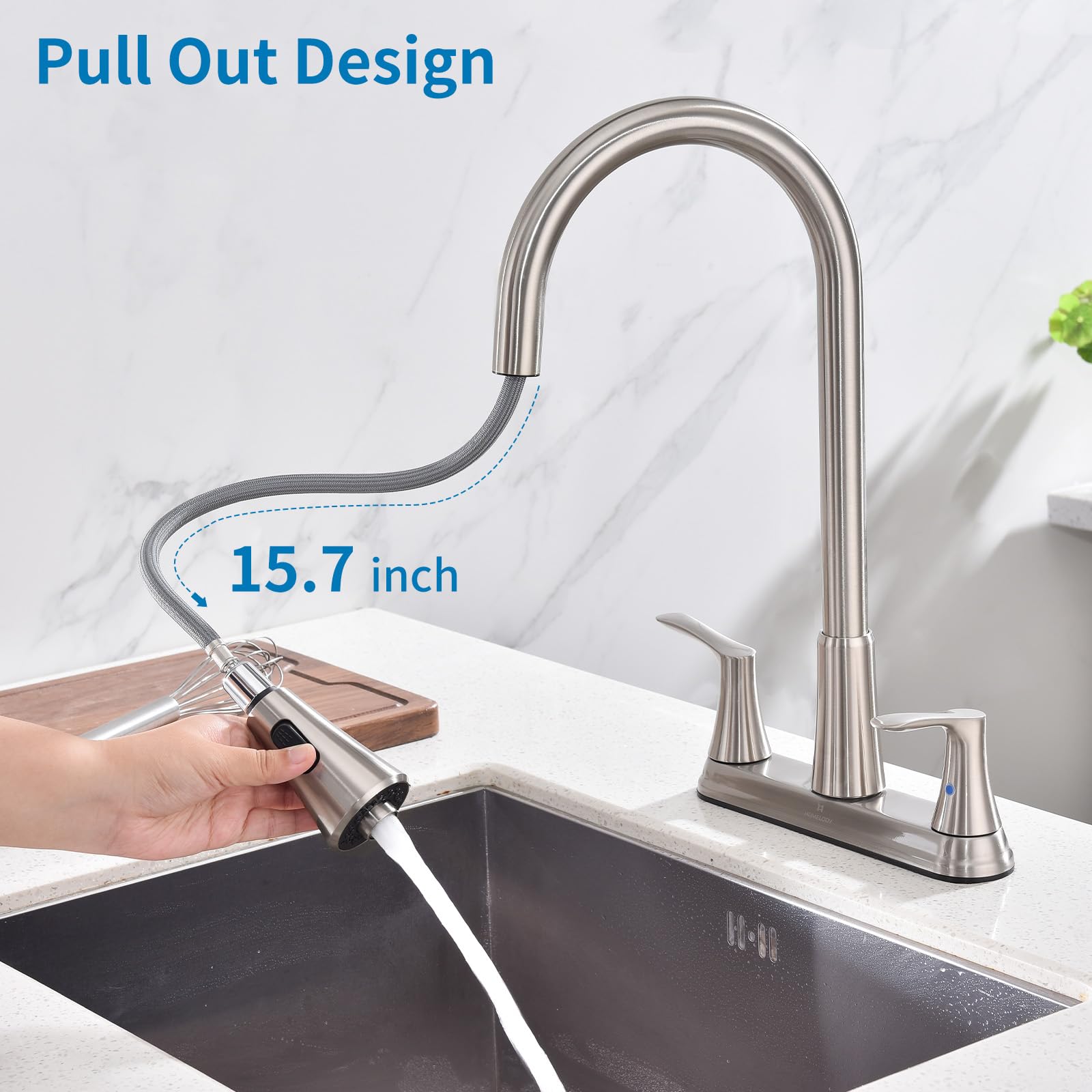 HOMELODY 2 Handles Kitchen Faucet with Pull Down Sprayer for 3 Hole Sink, 8 inch 360° Rotating Spout Centerset Kitchen Sink Faucet with Water Lines Brushed Nickel