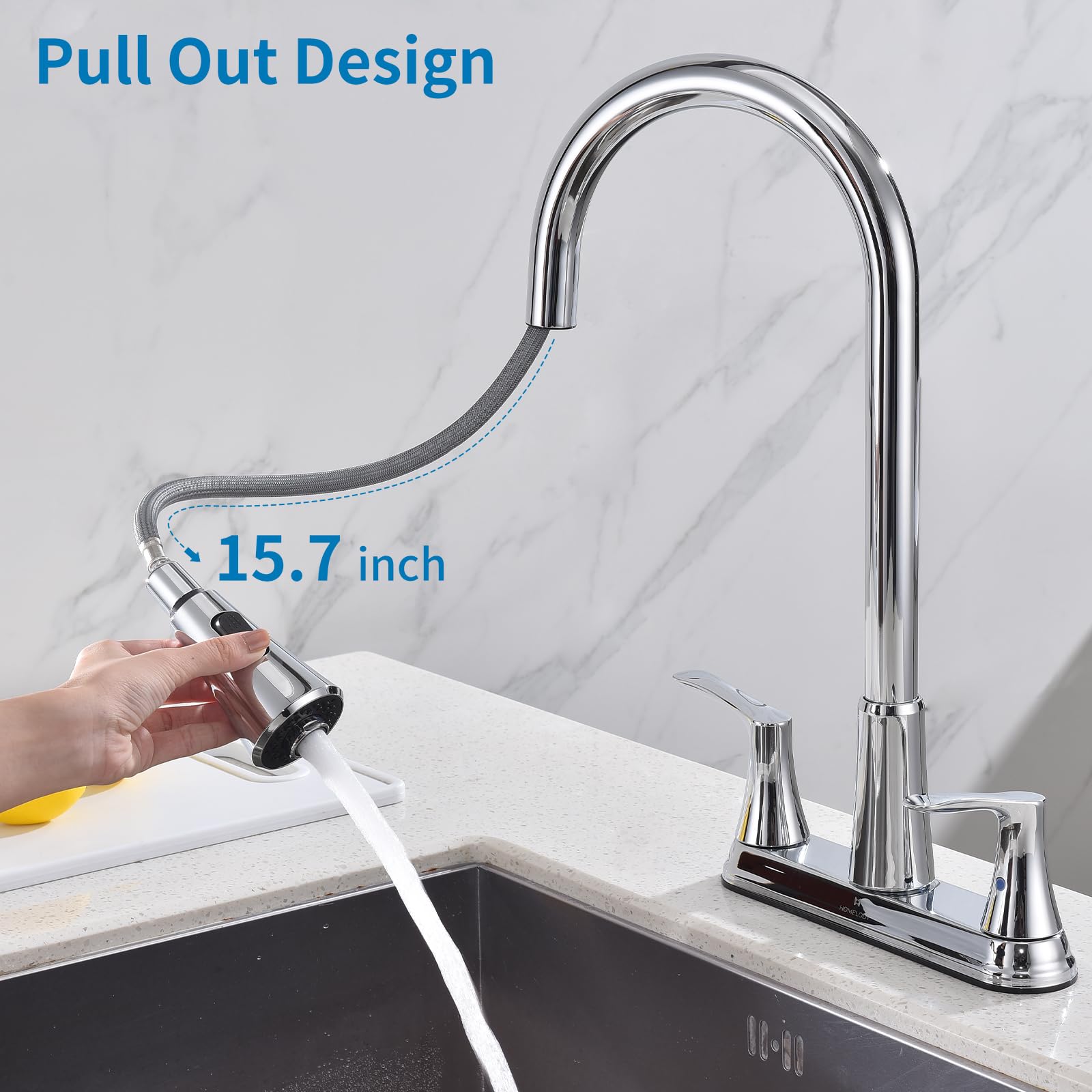 HOMELODY 2 Handles Kitchen Faucet with Pull Down Sprayer for 3 Hole Sink, 8 inch 360° Rotating Spout Centerset Kitchen Sink Faucet with Water Lines