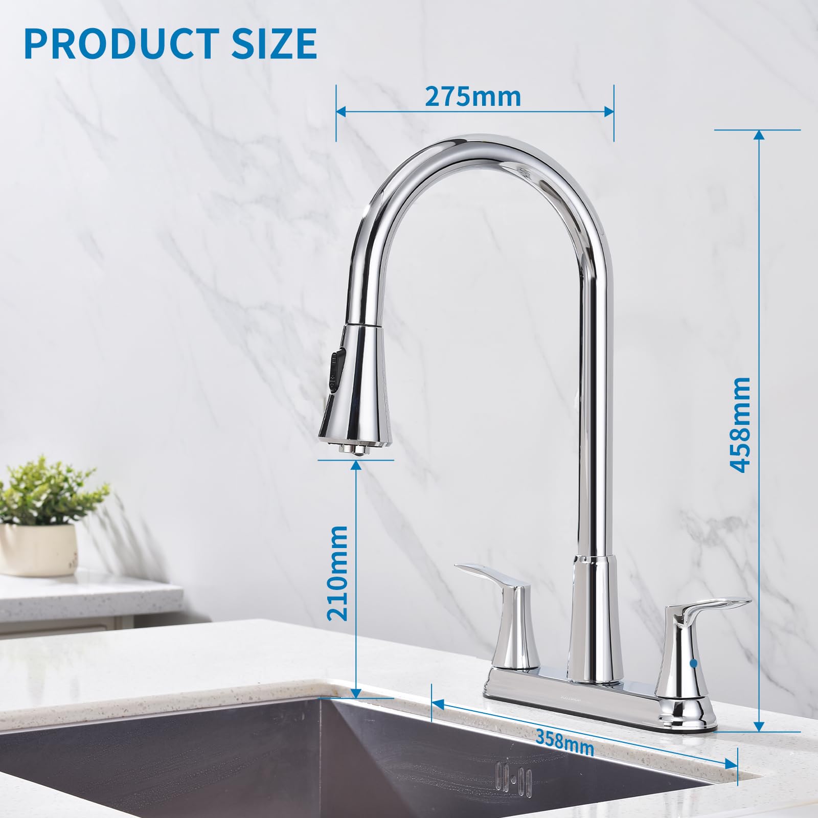 HOMELODY 2 Handles Kitchen Faucet with Pull Down Sprayer for 3 Hole Sink, 8 inch 360° Rotating Spout Centerset Kitchen Sink Faucet with Water Lines