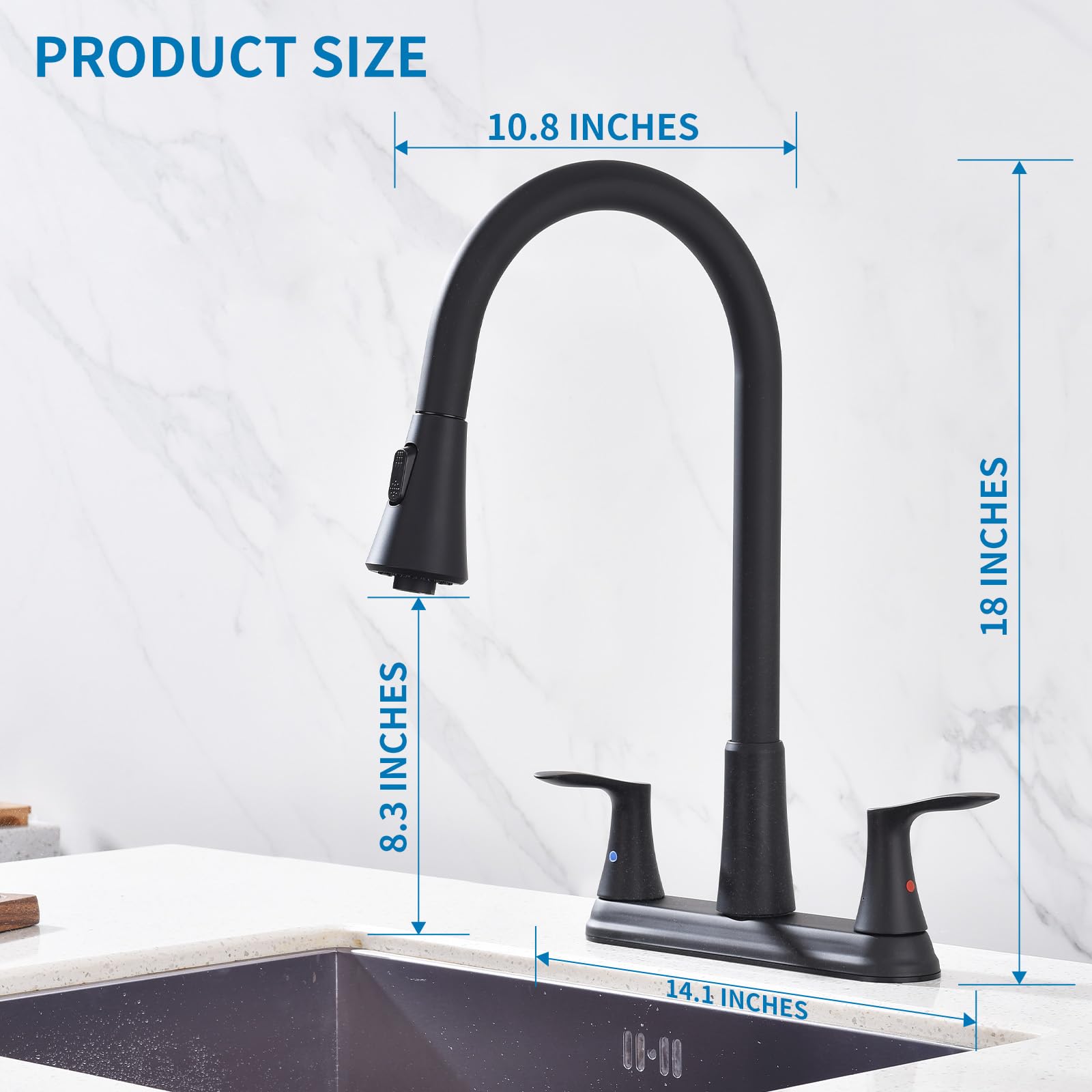 HOMELODY 2 Handles Kitchen Faucet with Pull Down Sprayer for 3 Hole Sink, 8 inch 360° Rotating Spout Centerset Kitchen Sink Faucet with Water Lines Matte Black