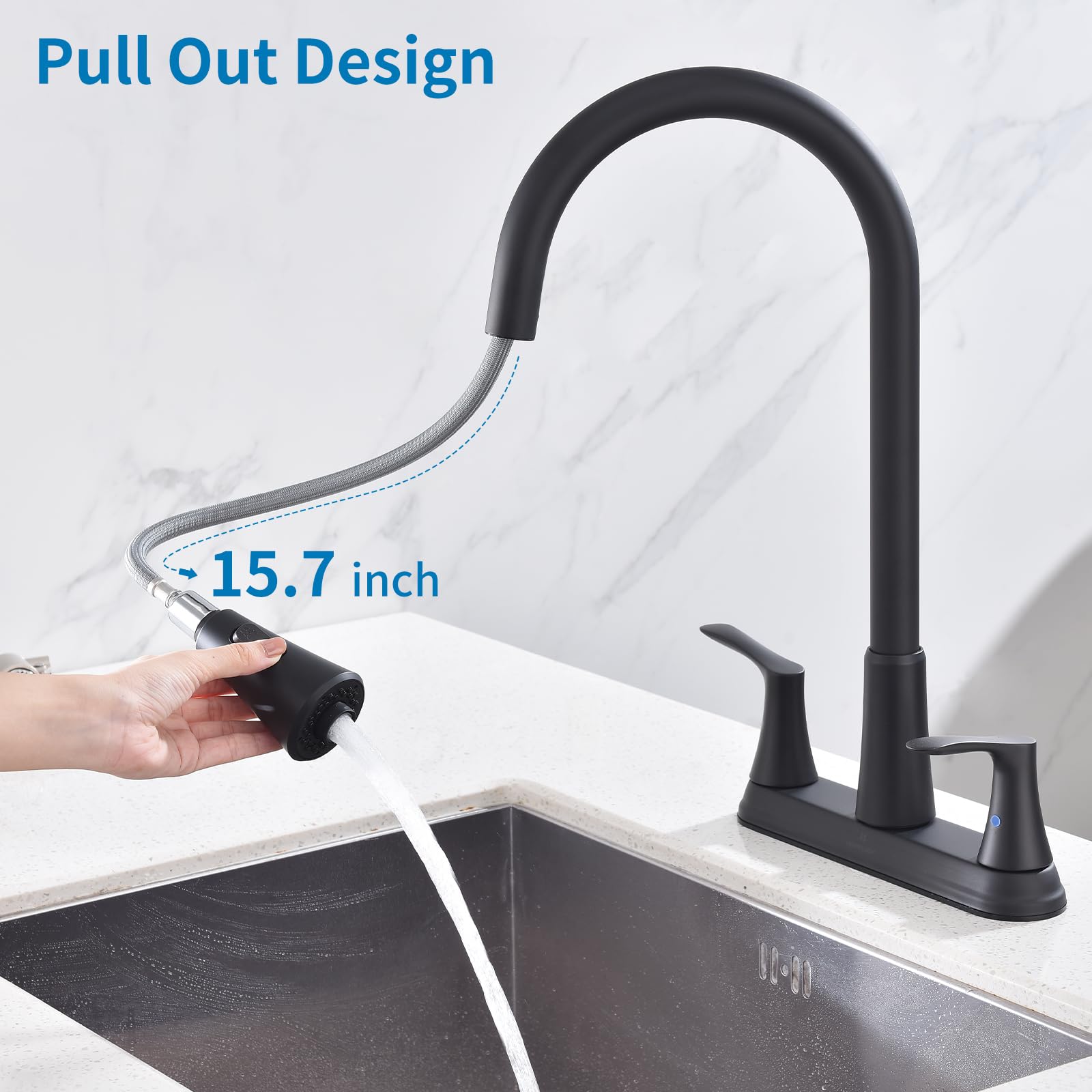 HOMELODY 2 Handles Kitchen Faucet with Pull Down Sprayer for 3 Hole Sink, 8 inch 360° Rotating Spout Centerset Kitchen Sink Faucet with Water Lines Matte Black