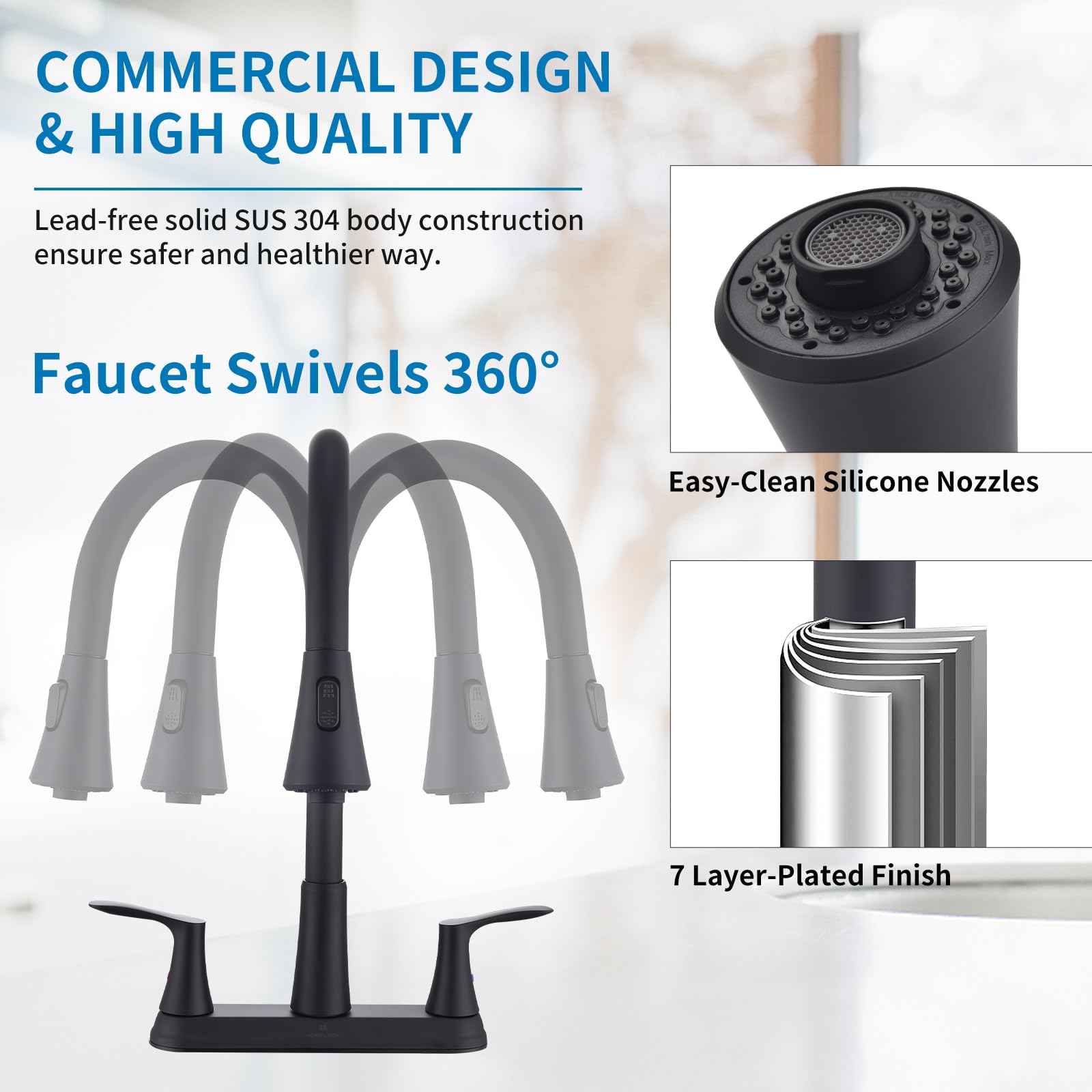 HOMELODY 2 Handles Kitchen Faucet with Pull Down Sprayer for 3 Hole Sink, 8 inch 360° Rotating Spout Centerset Kitchen Sink Faucet with Water Lines Matte Black