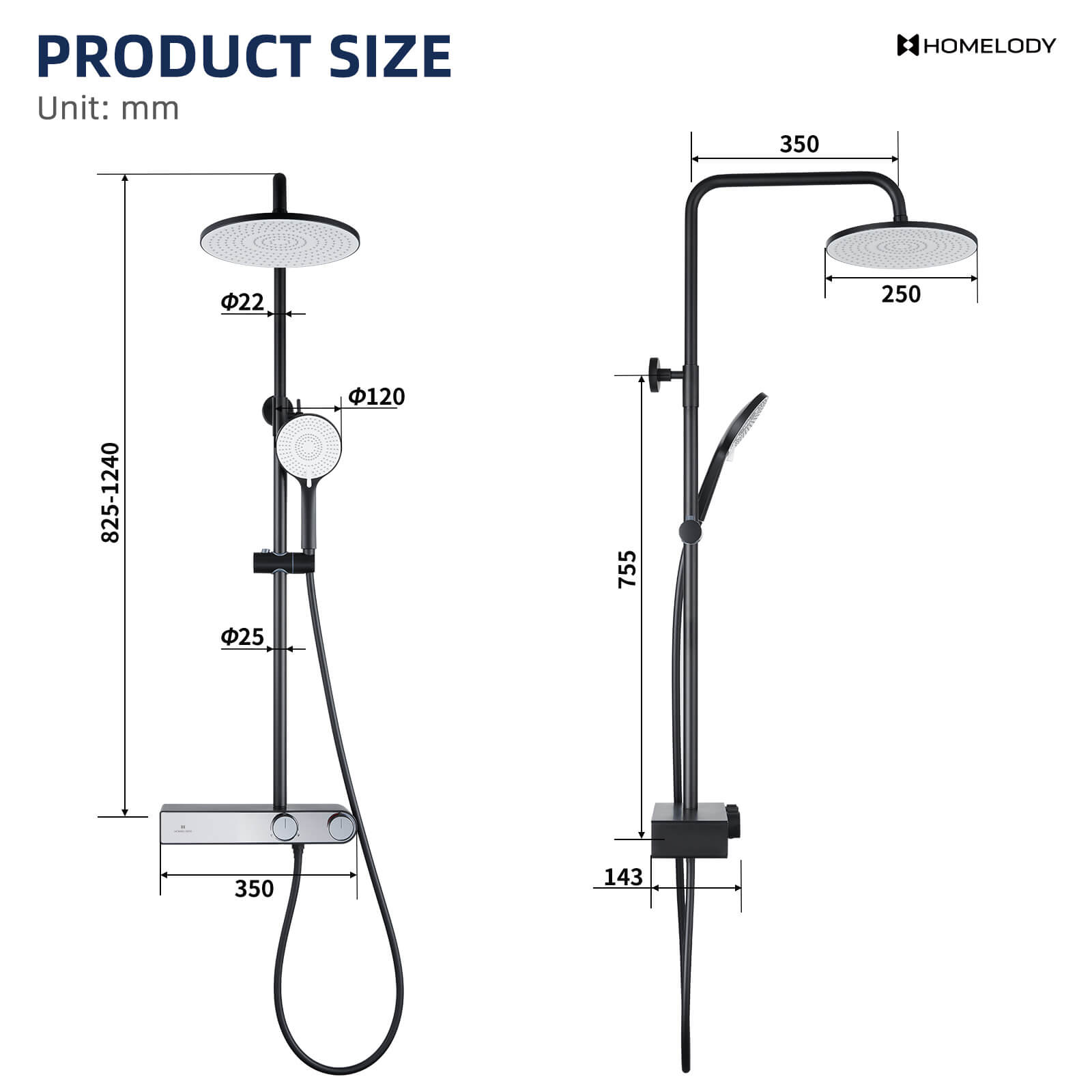 Homelody black shower system with LED temperature display. Adjustable
